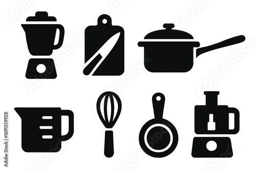 Nourishment Tools Icons. Solid, filled icon set of nourishment kitchen tools: blender, cutting board, knife, pot, pan, measuring