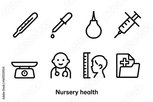 Nursery Health Icons. Outline icon set of nursery health: thermometer, medicine dropper, nasal aspirator, vaccination syringe,