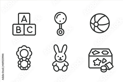 Nursery Toy Icons. Outline icon set of nursery toys: blocks, rattle, stacking rings, soft ball, teething ring, plush bunny,