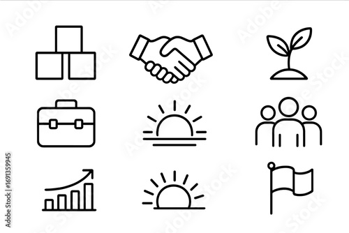 Post-Crisis Recovery Icons. Outline icon set of post-crisis recovery: rebuilding blocks, handshake, chart,