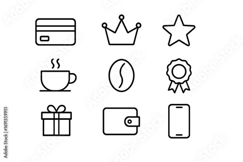 Coffee Club Icons. Outline icon set of premium coffee club: card, crown, star, coffee cup, bean, ribbon, gift
