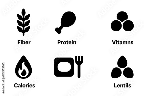 Nutrition Facts Icons. Solid, filled icon set of nutrition facts: fiber, protein, vitamins, minerals, calories, serving size,