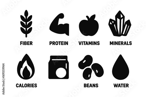 Nutrition Facts Icons. Solid, filled icon set of nutrition facts: fiber, protein, vitamins, minerals, calories, serving size,