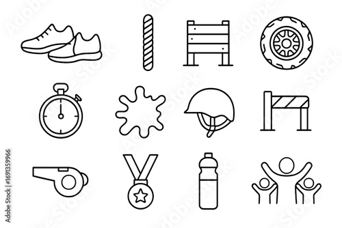 Obstacle Course Icons. Outline icon set of obstacle course race: running shoes, climbing rope, wall, tire,