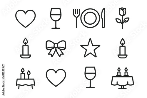 Romantic Icon Set. Outline icon set of romantic atmosphere with candles: heart, wine glass, dinner plate, rose