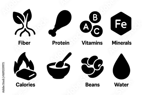 Nutrition Facts Icons. Solid, filled icon set of nutrition facts: fiber, protein, vitamins, minerals, calories, serving size,