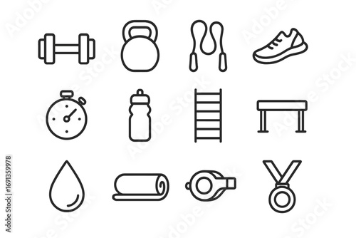 Fitness Icon Set. Outline icon set of fitness race training: dumbbell, kettlebell, rope, shoes, stopwatch,