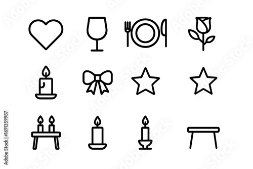 Romantic Icon Set. Outline icon set of romantic atmosphere with candles: heart, wine glass, dinner plate, rose
