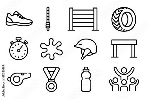 Obstacle Course Icons. Outline icon set of obstacle course race: running shoes, climbing rope, wall, tire,