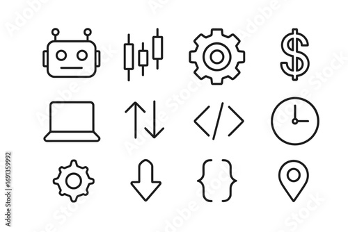 Algorithmic Trading Icons. Outline icon set of algorithmic trading bots: robot head, candlestick chart, gear,