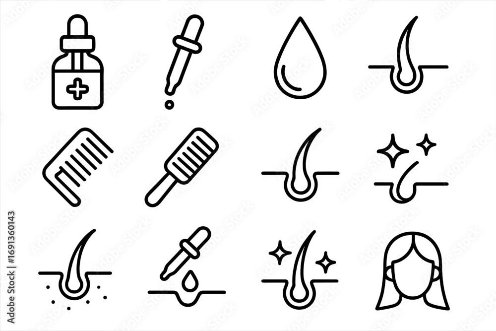 Obraz premium Hair Care Icons. Outline icon set of hair serum bottle with dropper: serum bottle, dropper, droplet, hair