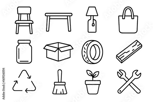Upcycling Ideas Icon Set. Outline icon set of upcycling ideas: chair, table, bottle lamp, fabric bag, jar, box