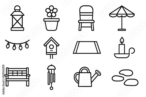 Garden Decoration Icons. Outline icon set of outdoor garden and patio decoration: lantern, flower pot, garden