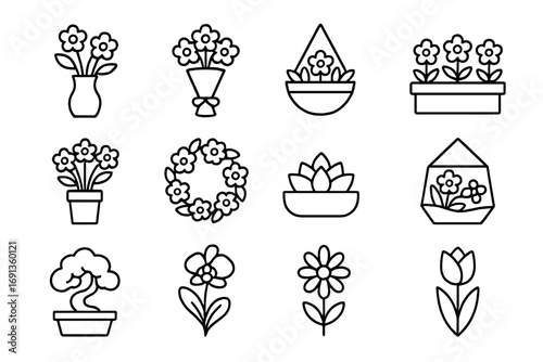 Floral Icon Collection. Outline icon set of flower arrangements: vase, bouquet, hanging basket, flower bed,