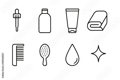 Hair Care Icons. Outline icon set of daily hair routine: serum dropper, shampoo bottle, conditioner tube,