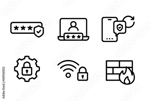 Online Security Icons. Outline icon set of online security behaviors: strong password, login, two-factor authentication, software