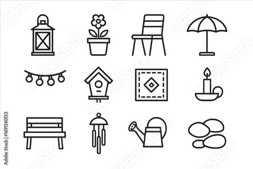 Garden Decoration Icons. Outline icon set of outdoor garden and patio decoration: lantern, flower pot, garden