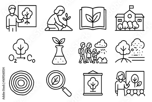 Educational Tree Icons. Outline icon set of Educational icons about trees cleaning air: teacher with tree diagram, child planting