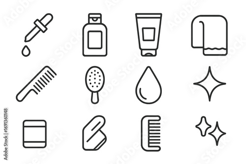 Hair Care Icons. Outline icon set of daily hair routine: serum dropper, shampoo bottle, conditioner tube,