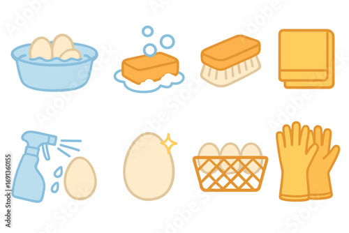 Egg Cleaning Icons. Flat vector mini-illustrations Washing and cleaning eggs in colors children's illustrations: water basin, soap