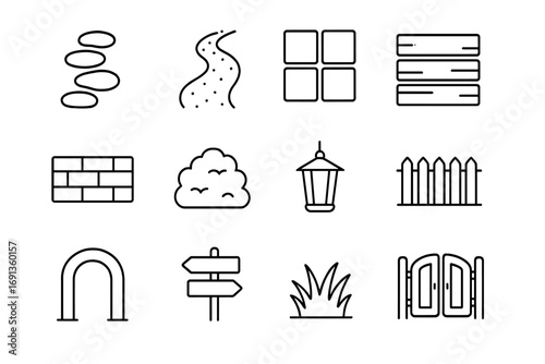 Pathway Icon Set. Outline icon set of pathways and borders: stepping stones, gravel path, stone tiles, wood