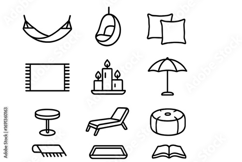 Outdoor Relaxation Icons. Outline icon set of outdoor relaxation: hammock, swing chair, cushions, rug, candles