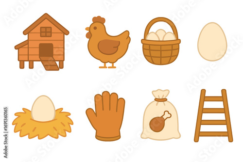 Egg Collection Fun. Flat vector mini-illustrations Collecting eggs from chicken coop in colors children's illustrations: chicken