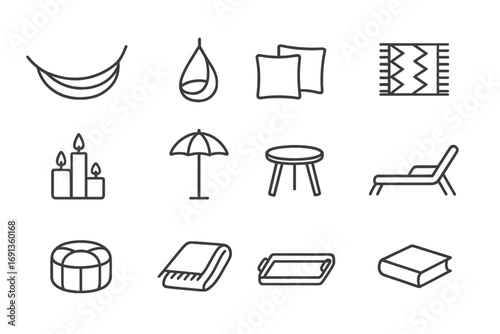 Outdoor Relaxation Icons. Outline icon set of outdoor relaxation: hammock, swing chair, cushions, rug, candles
