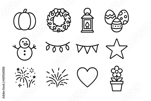 Seasonal Garden Icons. Outline icon set of seasonal garden decoration: pumpkin, Christmas wreath, lantern,