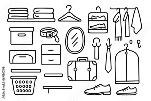 Organized Closet Doodles. Hand-drawn doodle illustration Stylish and functional closet folded clothes, hanger, shoe rack, storage