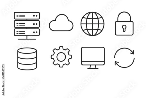 Web Hosting Icons. Outline icon set of web hosting services: server rack, cloud, globe, lock, database, gear,
