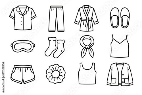 Chic Pajama Icons. Outline icon set of pajama chic: satin top, pajama pants, robe, slippers, eye mask, fuzzy