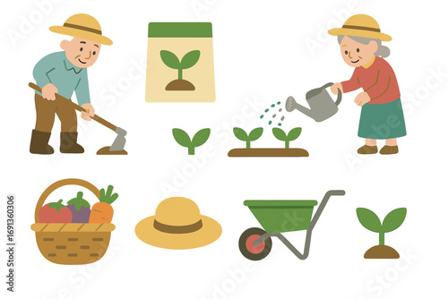 Elders Tending Crops. Flat vector mini-illustrations Agricultural elders tending crops in colors children's illustrations: hoe,