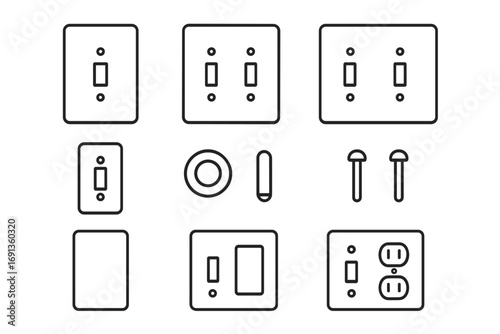 Switch Plate Icons. Outline icon set of light switch plate: single switch plate, double switch plate, triple