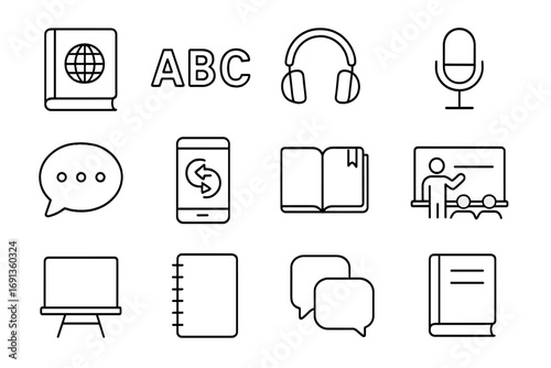 Language Learning Icons. Outline icon set of language learning abroad: dictionary, alphabet letters,