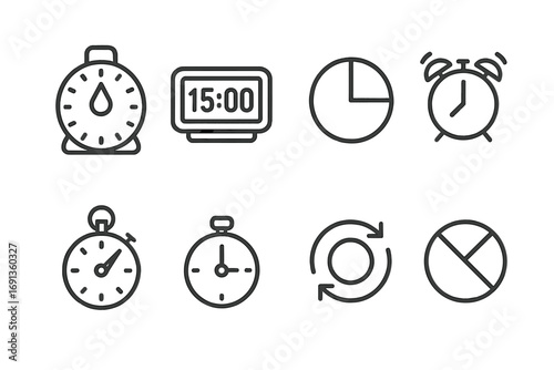 Oven Timer Icon Set. Outline icon set of oven cooking timers: mechanical timer, digital timer, countdown, alarm, stopwatch, preset