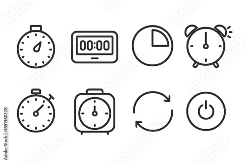 Oven Timer Icon Set. Outline icon set of oven cooking timers: mechanical timer, digital timer, countdown, alarm, stopwatch, preset