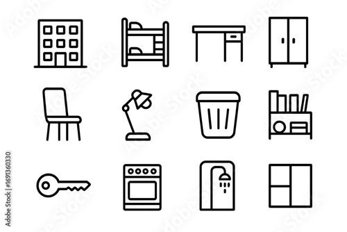 Housing Icons Set. Outline icon set of housing abroad: dormitory, bunk bed, desk, wardrobe, chair, lamp,