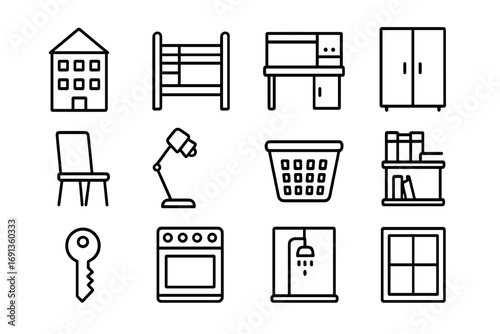 Housing Icons Set. Outline icon set of housing abroad: dormitory, bunk bed, desk, wardrobe, chair, lamp,