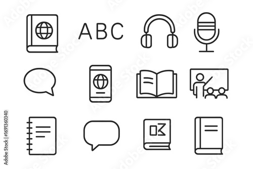 Language Learning Icons. Outline icon set of language learning abroad: dictionary, alphabet letters,