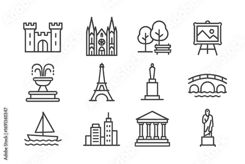 Sightseeing Icon Set. Outline icon set of sightseeing during studies: castle, cathedral, park, art gallery,