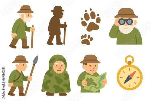 Elders' Hunting Tools. Flat vector mini-illustrations Hunter elders with tracking tools in colors children's illustrations: