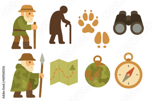 Elders' Hunting Tools. Flat vector mini-illustrations Hunter elders with tracking tools in colors children's illustrations:
