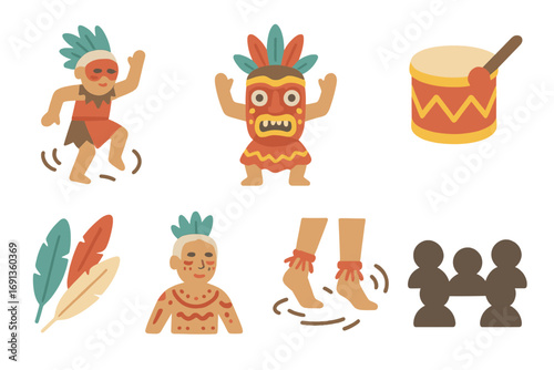 Elders' Ritual Dance. Flat vector mini-illustrations Elders performing ritual dance in colors children's illustrations: dancing