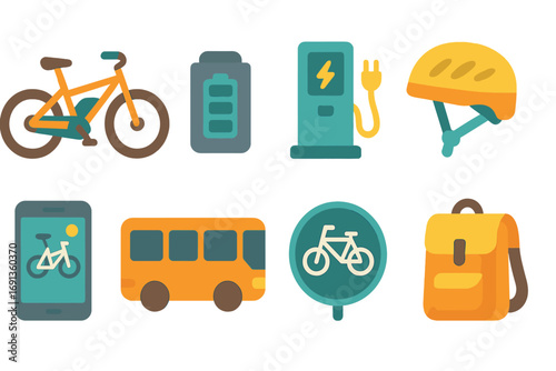 Electric Bike Commuting Icons. Flat vector mini-illustrations Electric bike urban commute in colors children's illustrations: