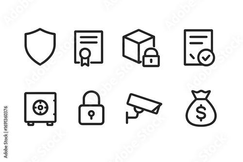 Package Insurance Icons. Outline icon set of package insurance: shield, certificate, locked box, document with check, safe,