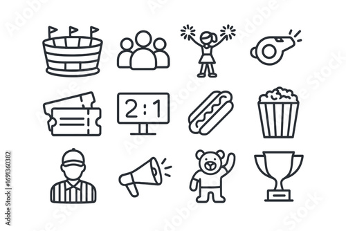 Sports Icon Set. Outline icon set of sports events as entertainment: stadium, crowd, cheerleaders, whistle,