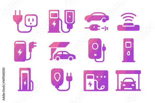 Electric Charger Icons. Gradient icons set of electric vehicle charger types: Level 1 charger, Level 2 charger, DC fast charger,