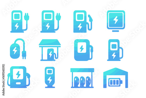Electric Charger Icons. Gradient icons set of electric vehicle charger types: Level 1 charger, Level 2 charger, DC fast charger,