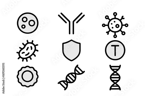 Immune System Icons. Outline icon set of how our immune system works: white blood cell, antibody, virus,